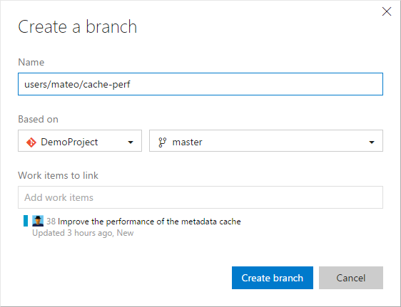 Create a branch and link work items