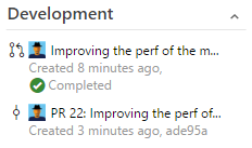 Development section shows linked pull request and merge commit