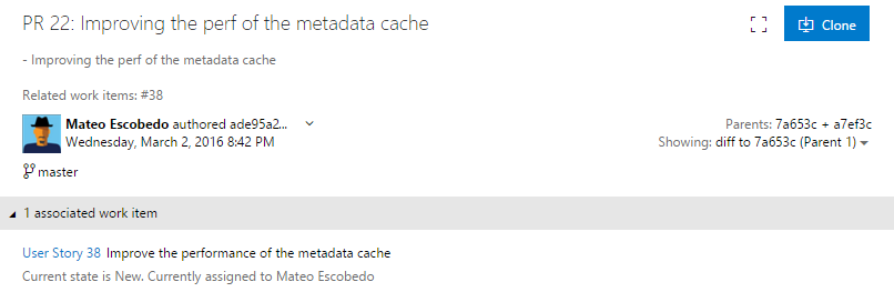 Merge commit details shows linked work items