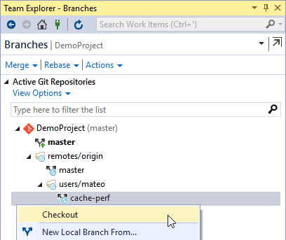 Checkout branches from the Branches page in Visual Studio