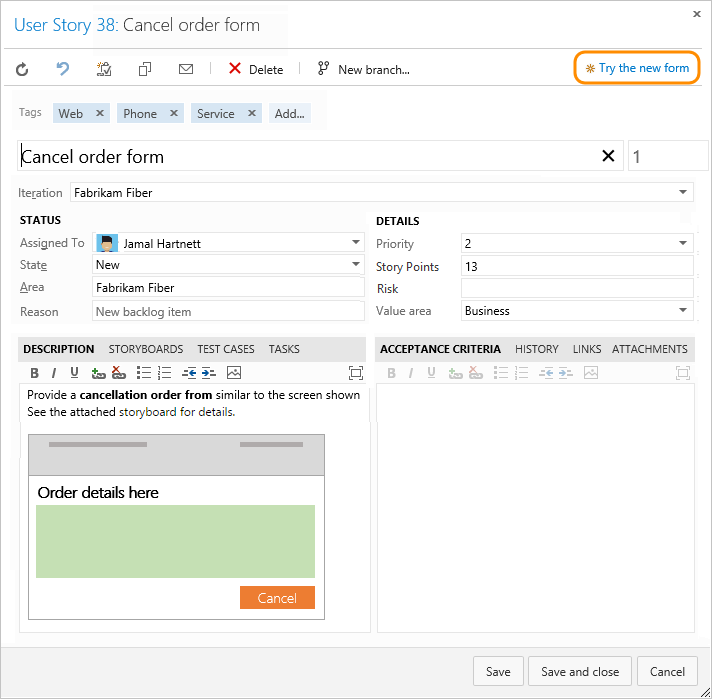 Old web form, user story, Try the new form option