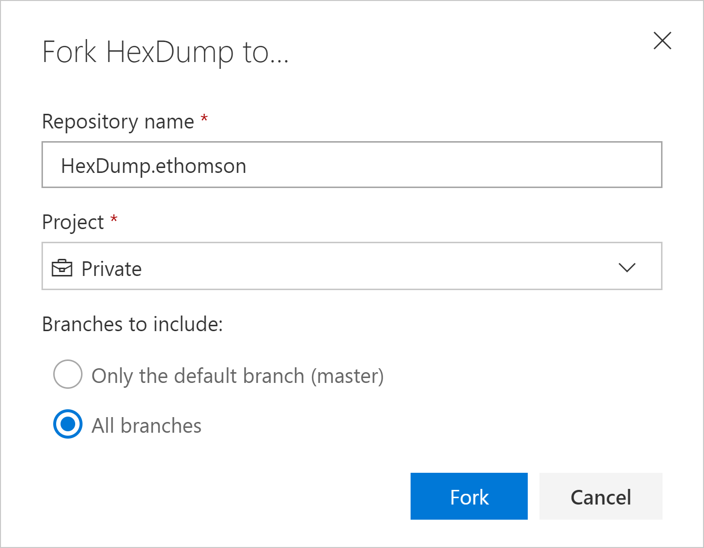 Screenshot: New VSTS Fork Creation Dialog