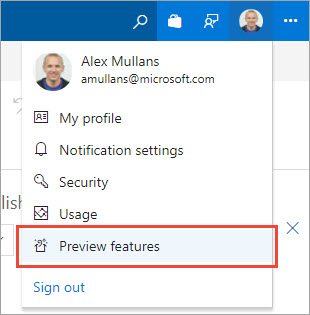 The preview features menu item in the user profile menu in the top-right of VSTS.