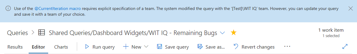 The banner will link to our VSTS documentation on the @CurrentIteration macro and let you know which team your query was updated to use. This selection can be modified and saved with the team of your choice.