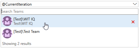 In the row beneath the @CurrentIteration macro selection, a user will be able to search for and select a team in the same way as the WI Form identity selector.