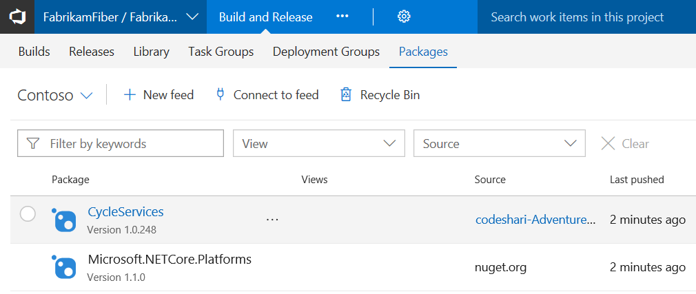A package in the list with the source column highlighted