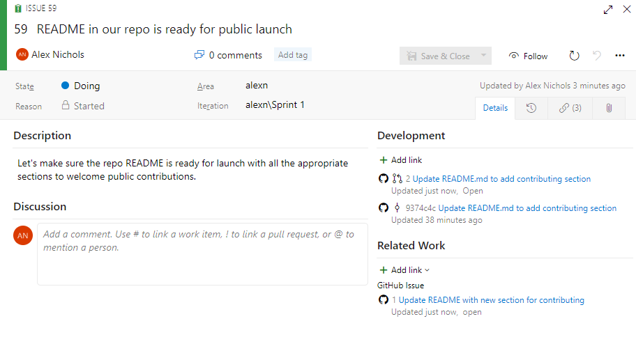 GitHub links in an Azure Boards work item