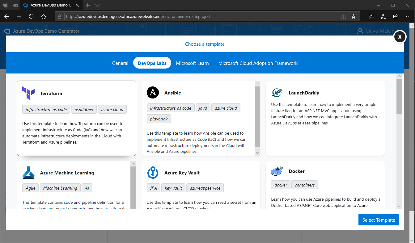 Azure DevOps Demo Generator, select template