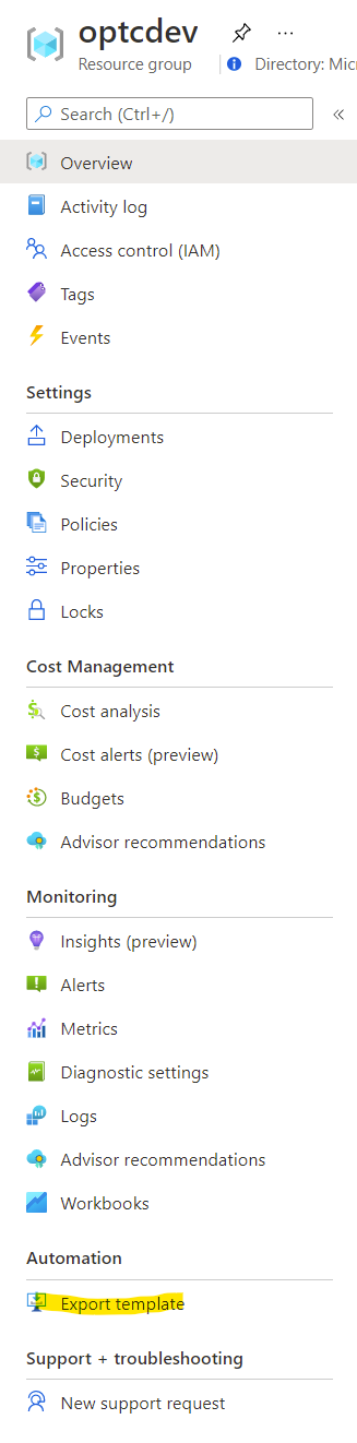 Export template from Azure Portal