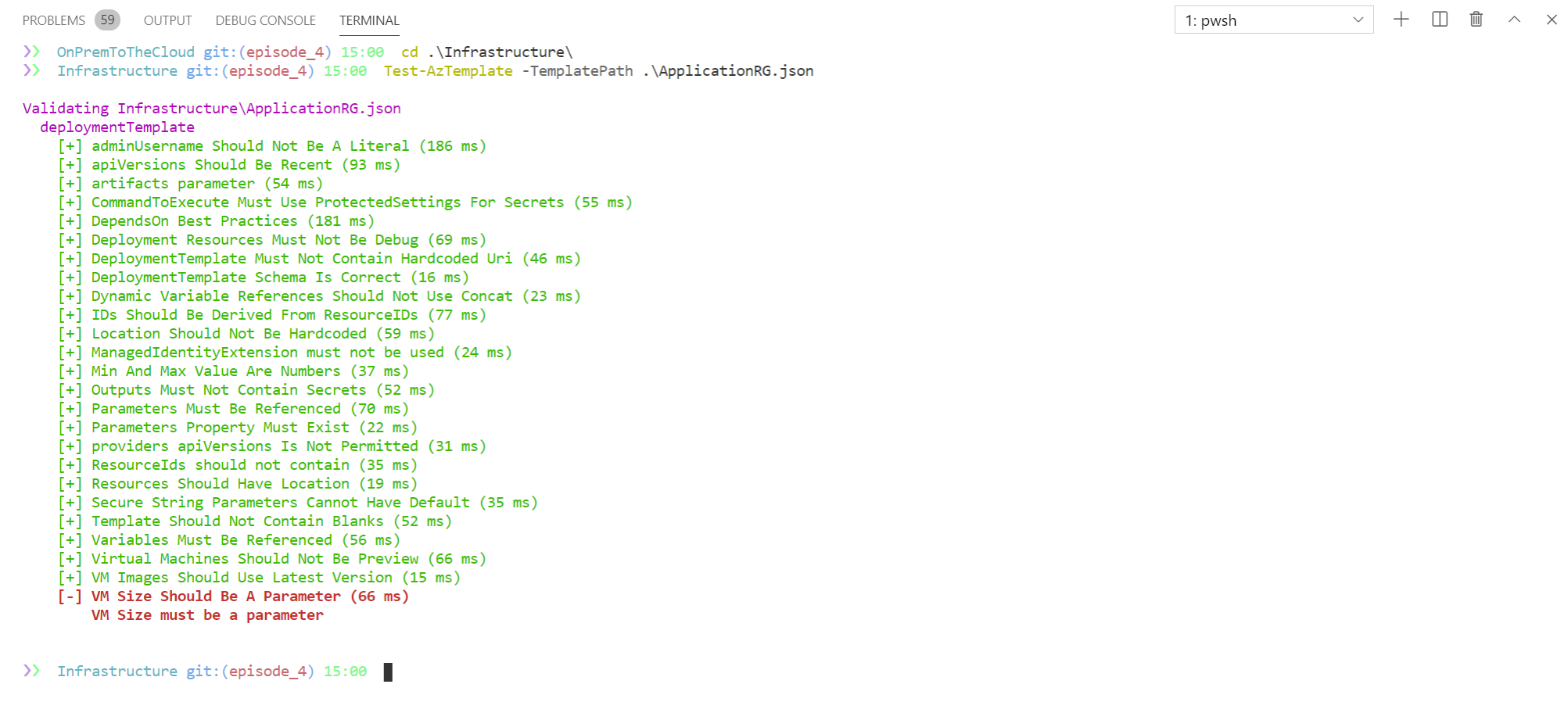 Output of the ARM Template Test Toolkit