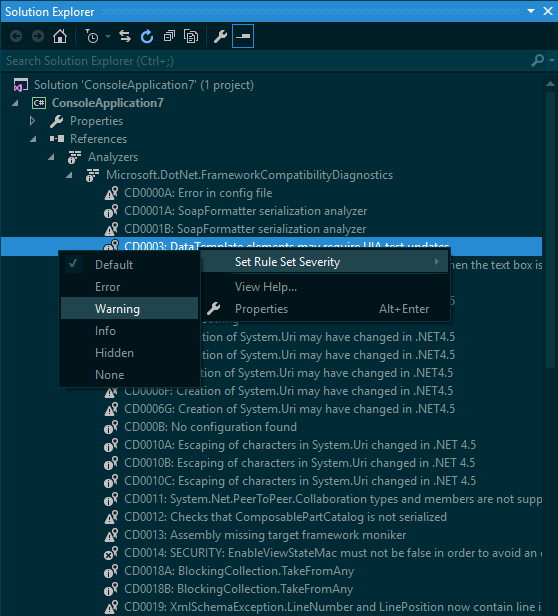 How to change analyzer severity