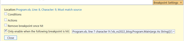 Breakpoint settings dialog