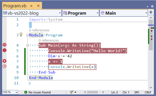 Code with several breakpoint variations, What’s New for Visual Basic in Visual Studio 2022