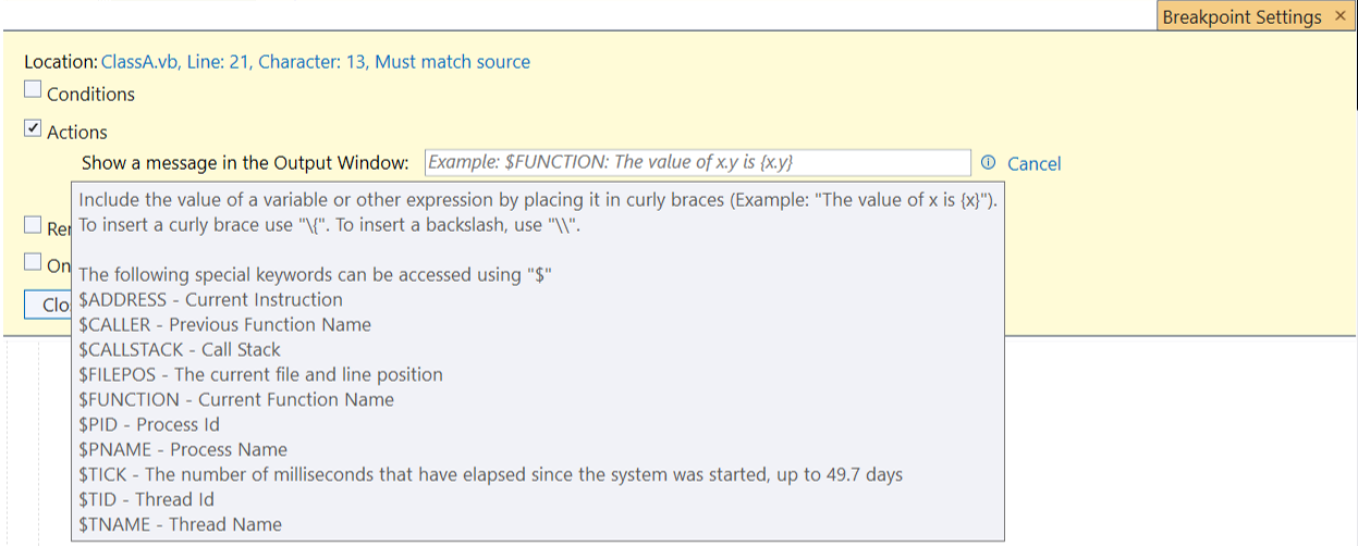 Tracepoint output help popup, What’s New for Visual Basic in Visual Studio 2022