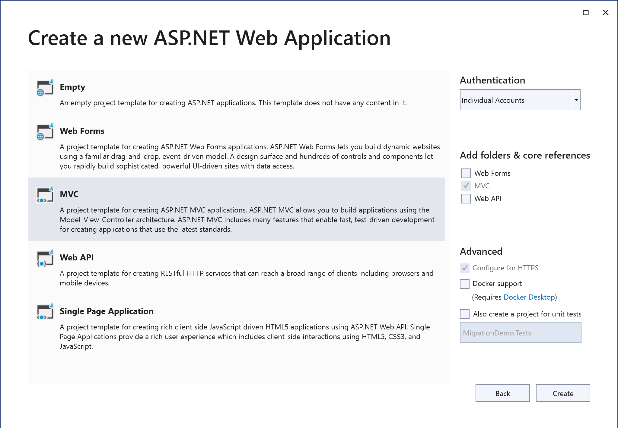 Creating a new sample MVC project