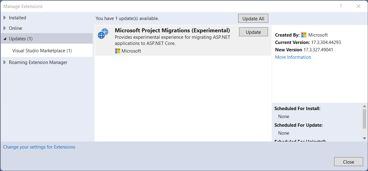 Updating the migration VS extension