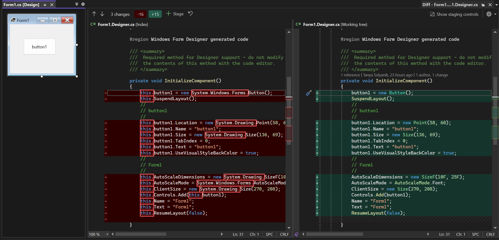 Screenshot of a diff of InitializeComponent with the classic and the new Roslyn-based code generation