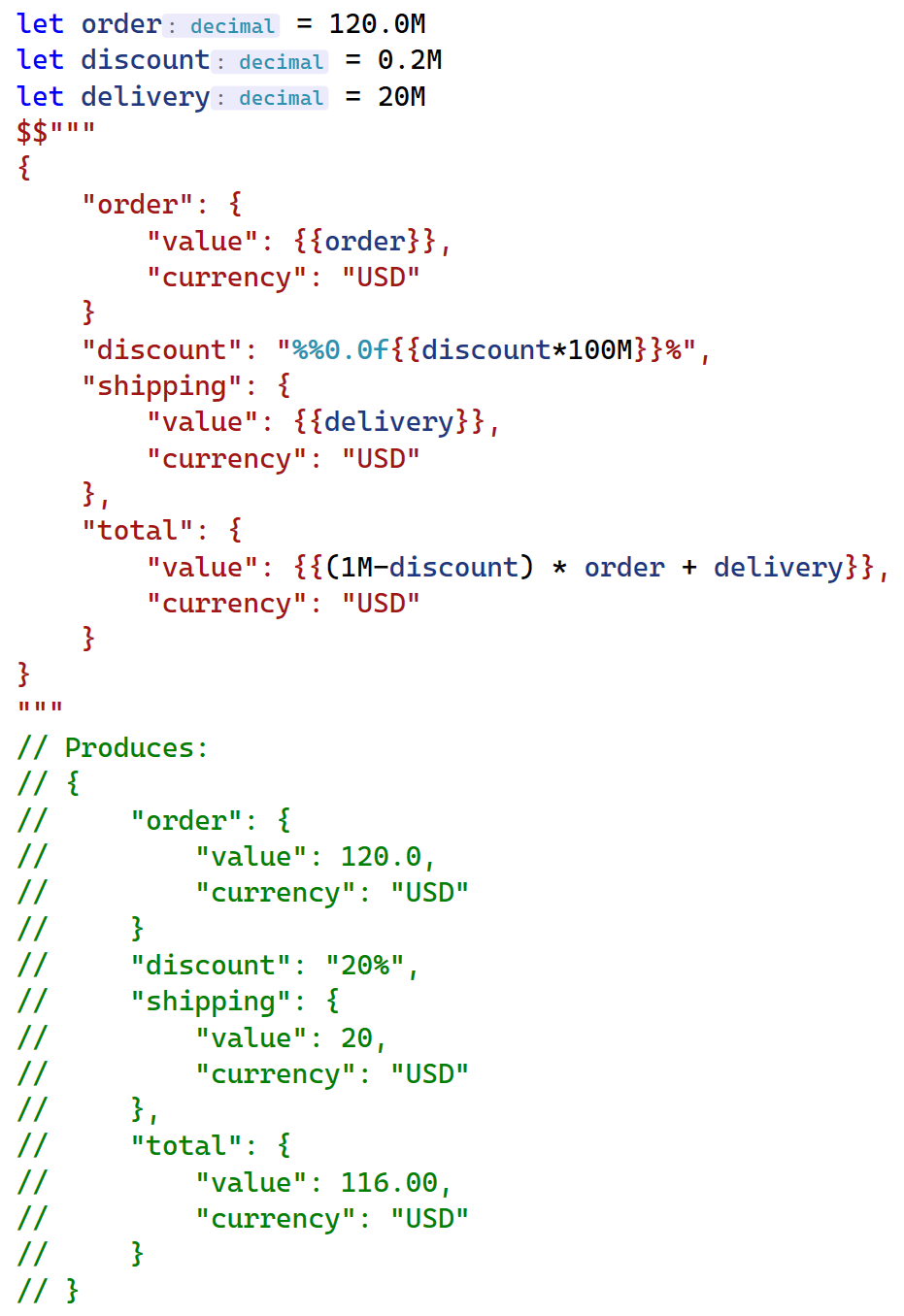 Code example showing new syntax on a JSON literal