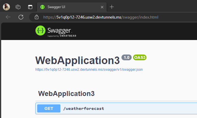 "Browser showing a dev tunnel url"