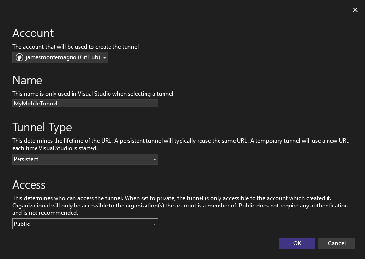"Configuration window for a dev tunnel"
