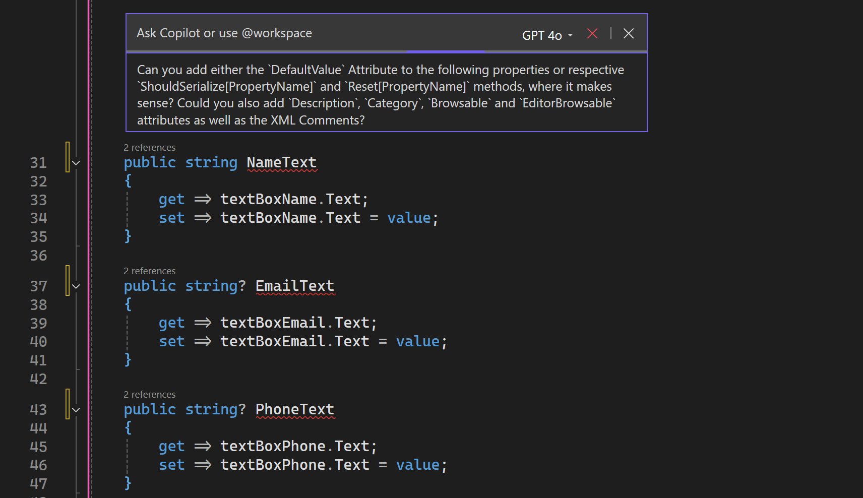 Screenshot of Copilot request to amend design-time attributes