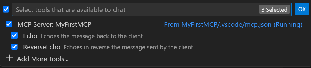 VS Code drop down showing 2 tools available
