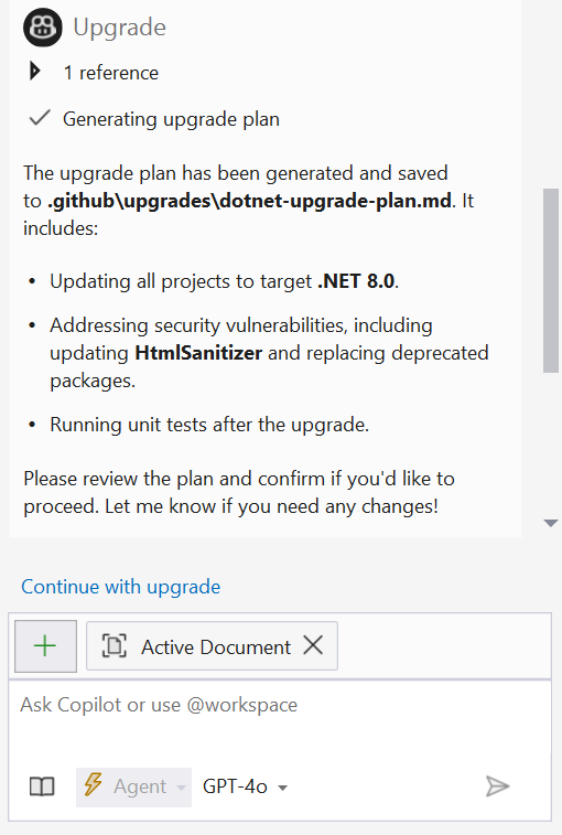 Copilot Chat notifying the user of an upgrade plan markdown file creation