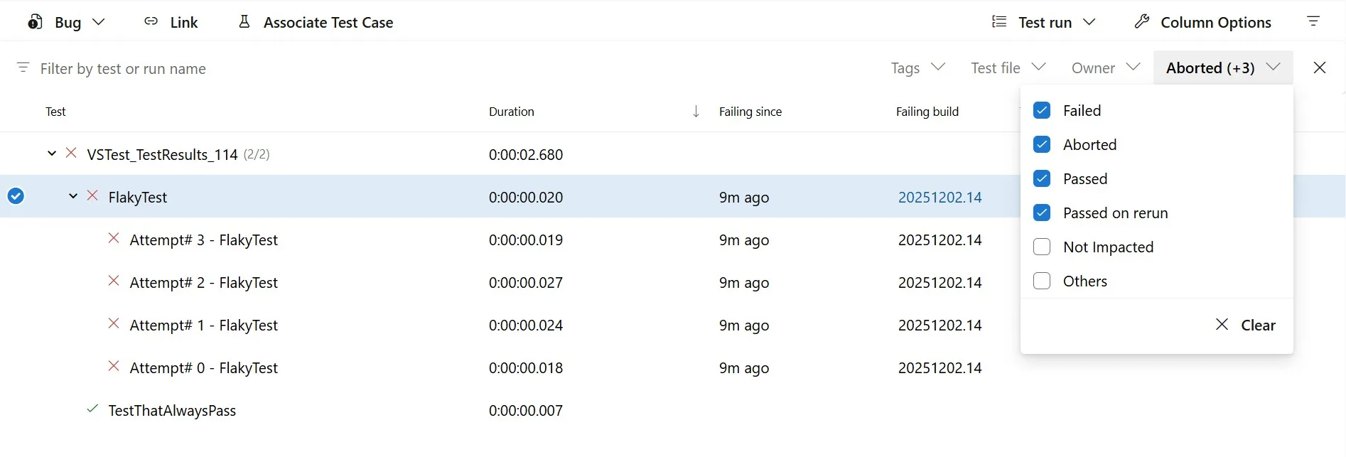 Azure DevOps Tests UI showing tests failing for all attempts