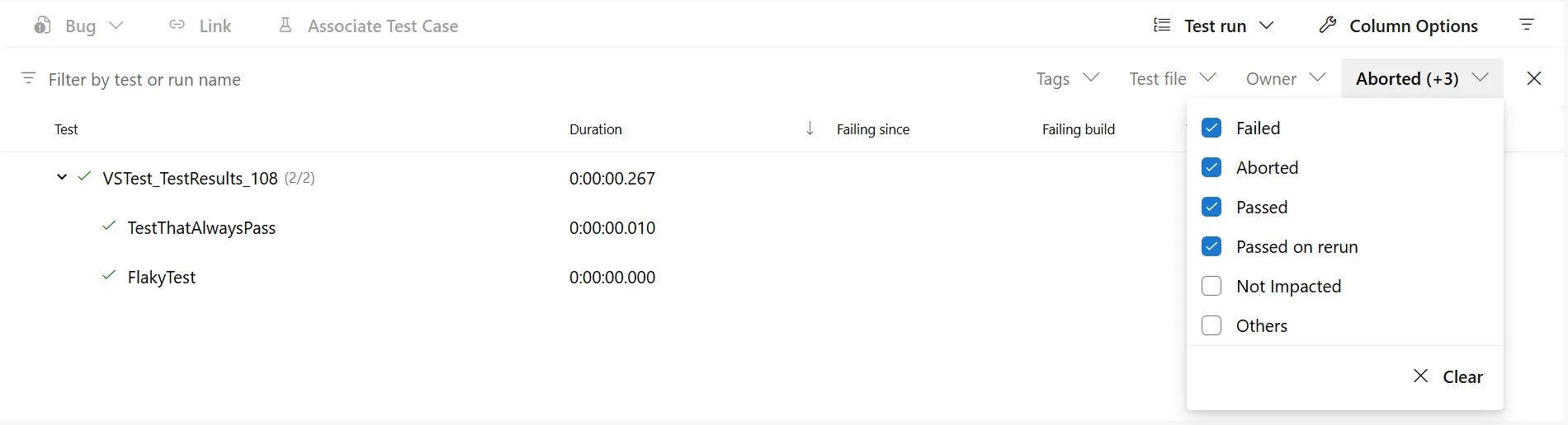 Azure DevOps Tests UI showing tests passing on first run