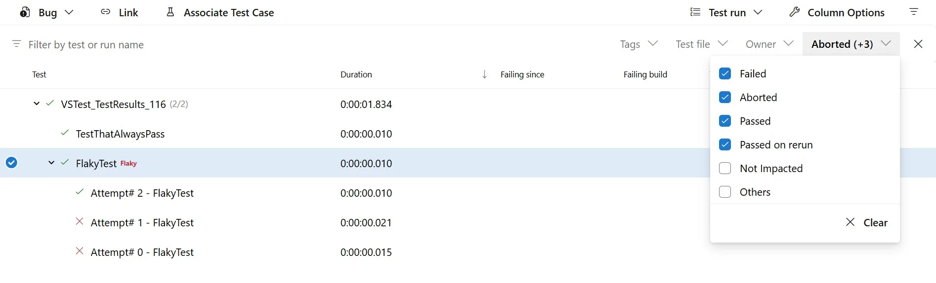 Azure DevOps Tests UI showing tests passing on re-run