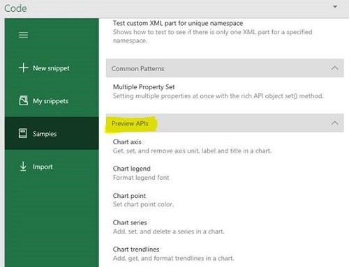 Preview APIs shown in the samples list