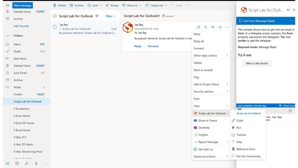 Screenshot showing how to access Script Lab in Outlook on the web using the overflow menu.