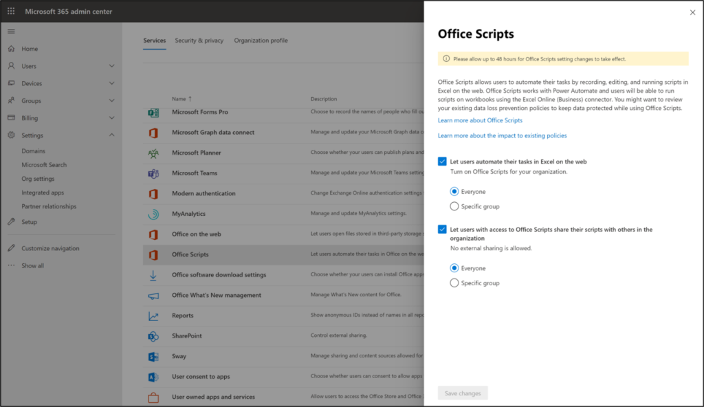 Office Scripts admin controls in the M365 admin center. 