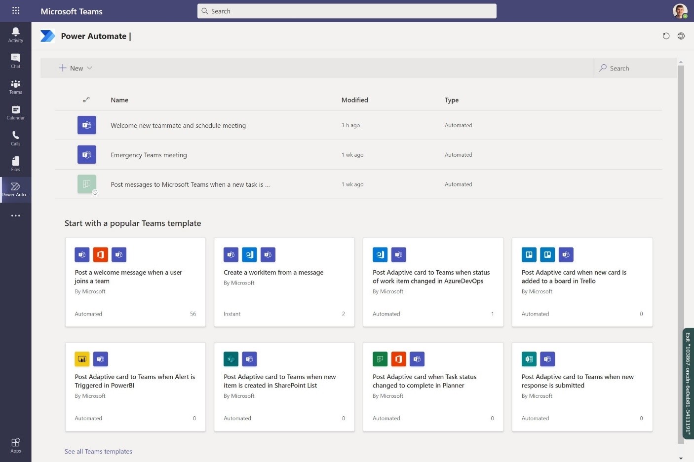 View of the various Power Automate templates that will (later this year) be available from within Teams