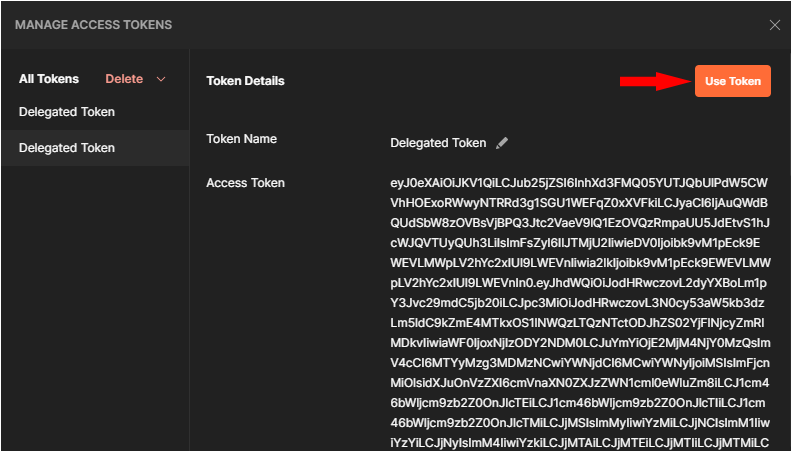 A screenshot of the Postman Manage Access Tokens dialog