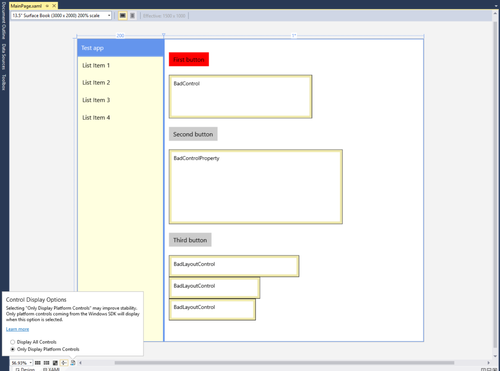 XAML Designer control display options.