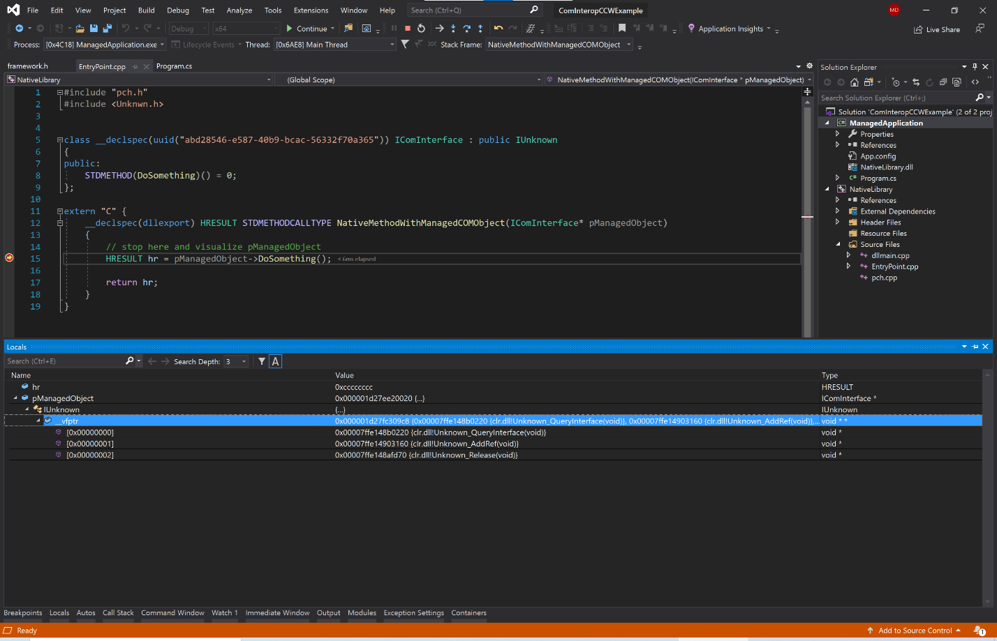 Visual Studio with Locals Window showing vtable