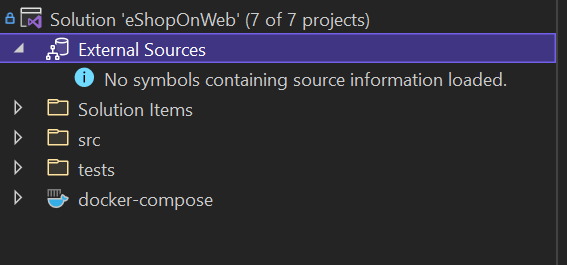 In debug mode – collapsed state External Sources Node with no symbols loaded 