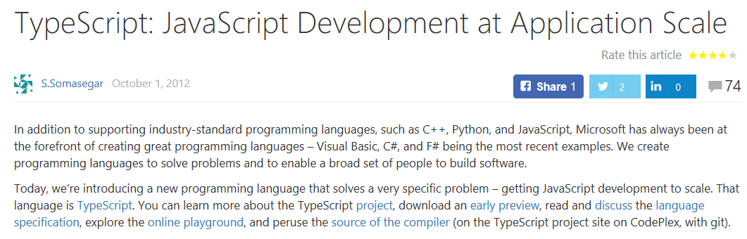 Screenshot of first public blog post announcing TypeScript