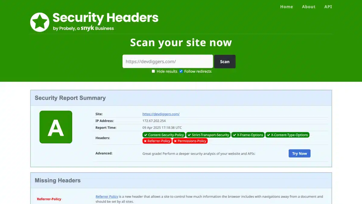 Security Headers of DevDiggers