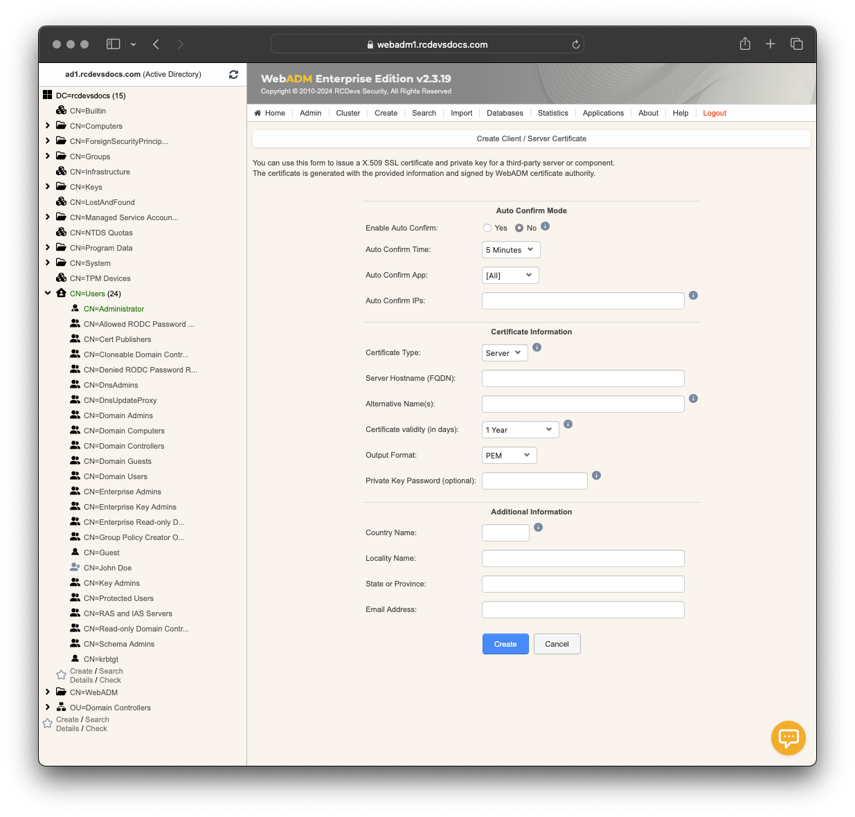 Server certificate template