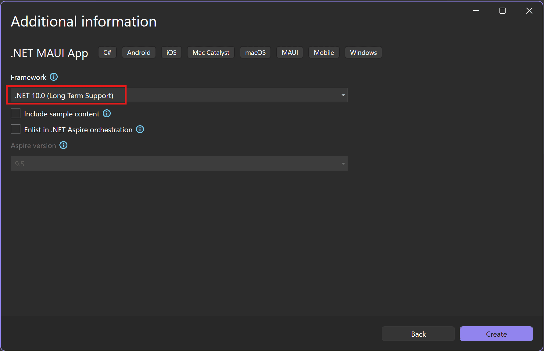 Visual Studio additional information dialog showing .NET 8.0 in the Framework drop-down.