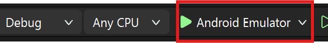 Visual Studio 2026 toolbar menu showing 'Android Emulator' as the debug target.