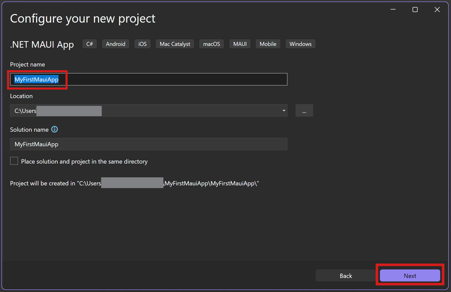 Visual Studio configure your new project dialog with MyFirstMauiApp as the project name