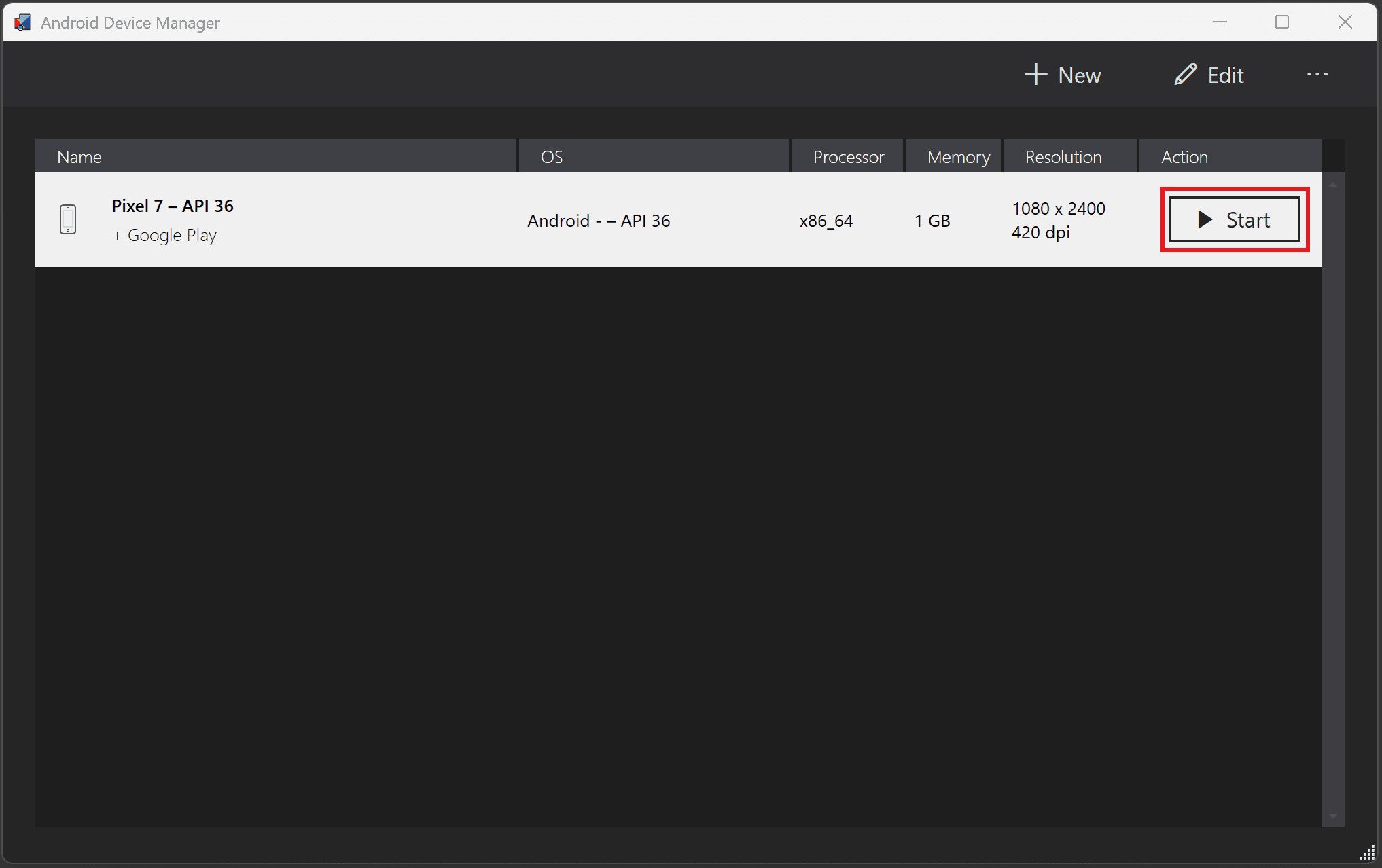 Android emulator manager showing that the emulator has been created and ready to run.