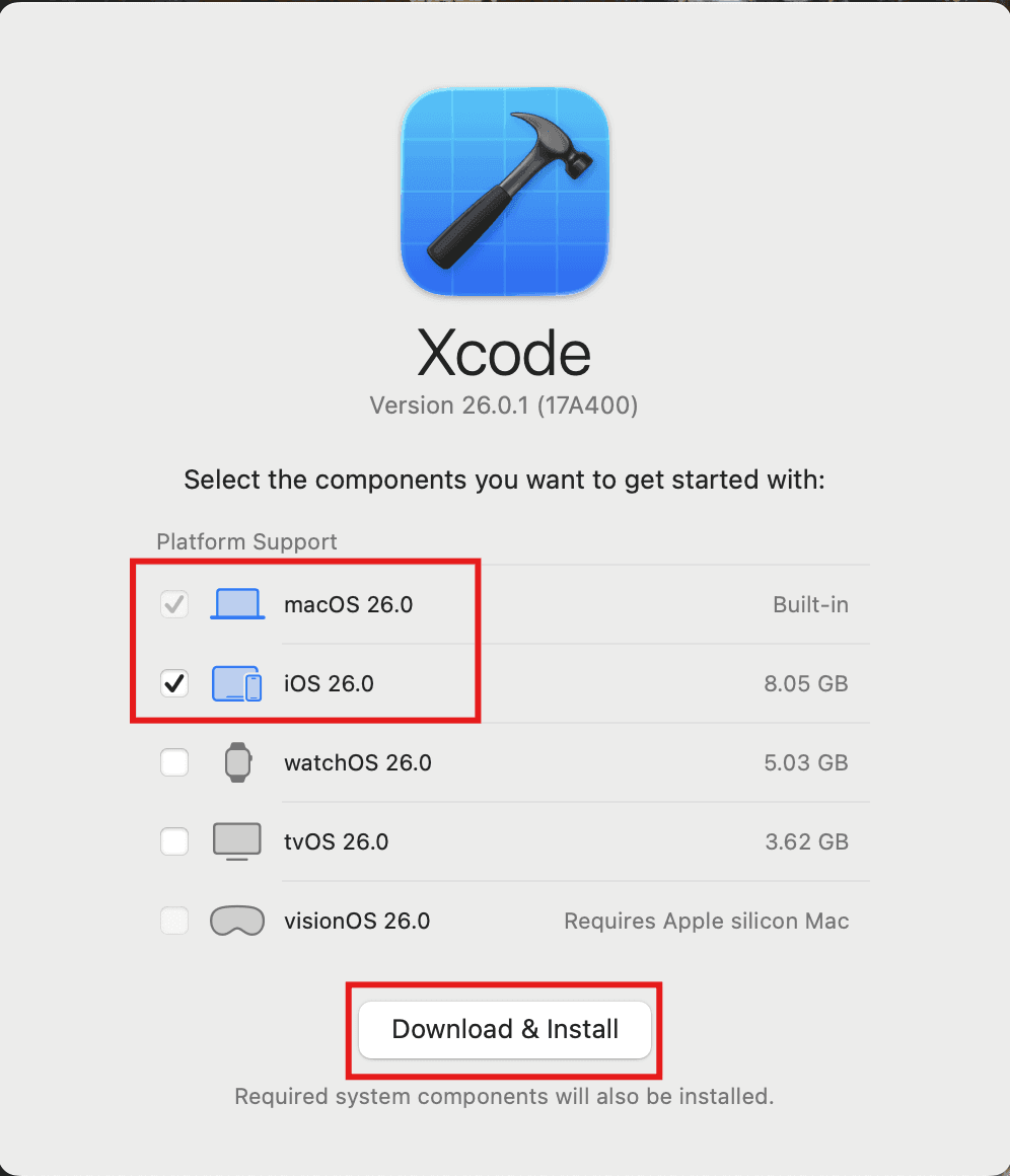 Xcode's prompt to install macOS and iOS platforms