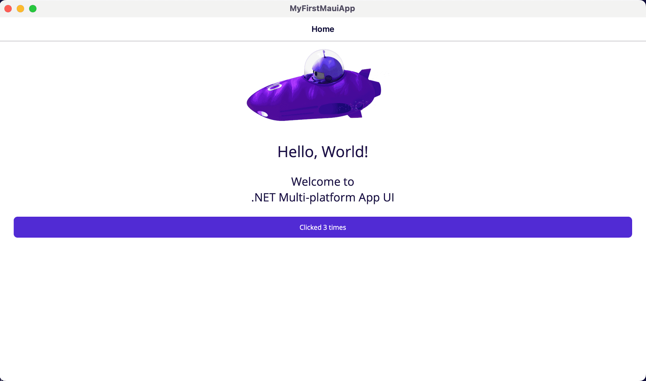 .NET MAUI app running on Mac. A 'Hello, World!' message is displayed.