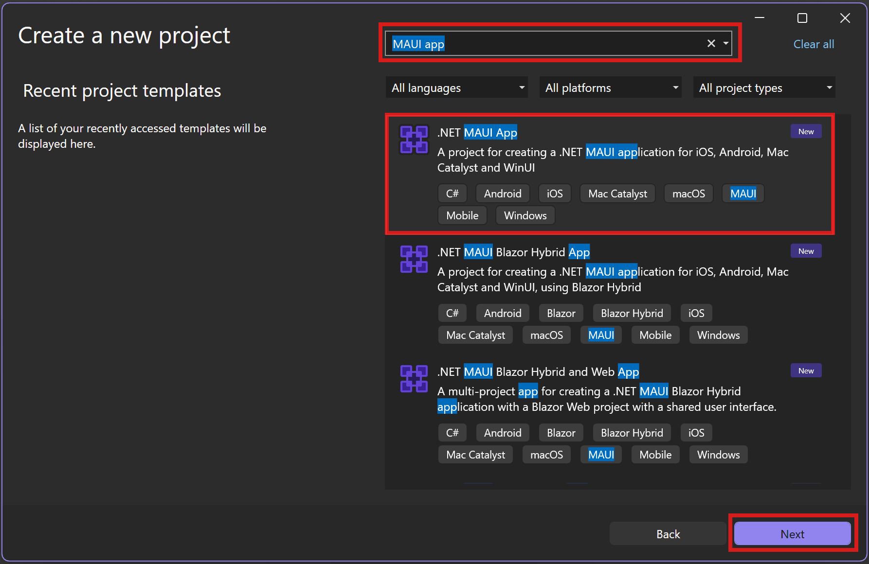 Visual Studio new project dialog with .NET MAUI App selected
