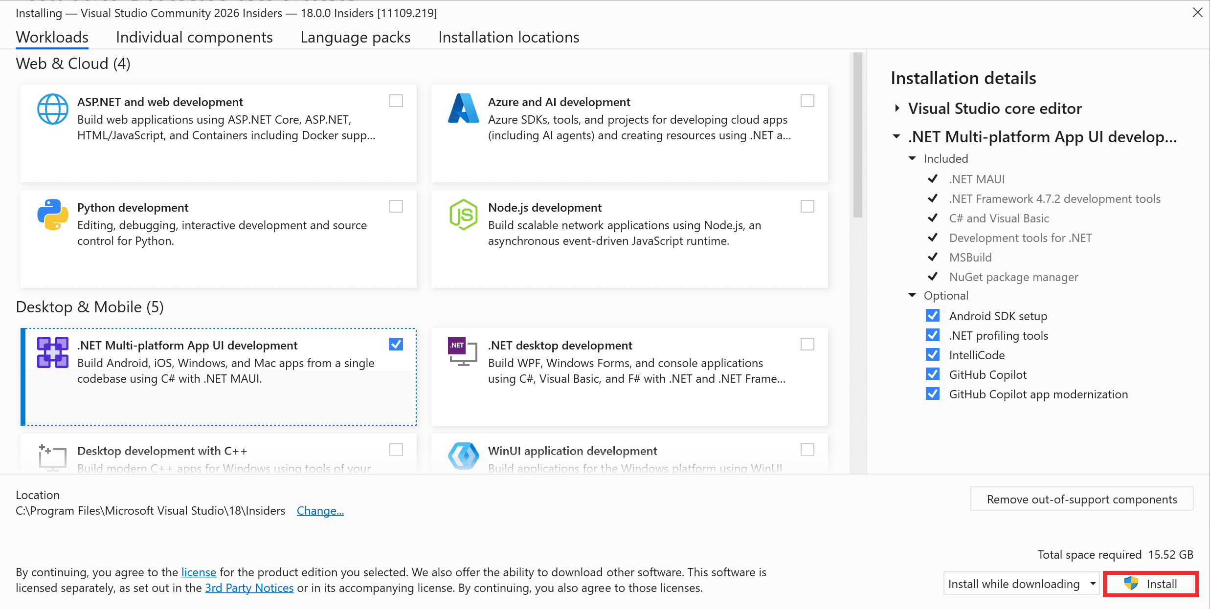 Visual Studio Installer with the Mobile development with .NET workload selected