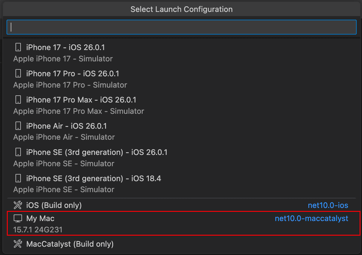 VS Code debug target list